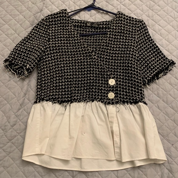 Zara Black And White Contrast Tweed Top - Picture 2 of 3